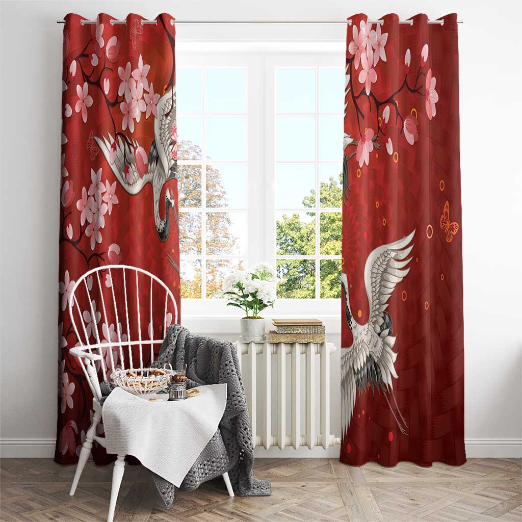 Hawaii Japan Cranes Sakura Flower Red Window Curtain Japan Heritage Spirit - Polynesian Pride