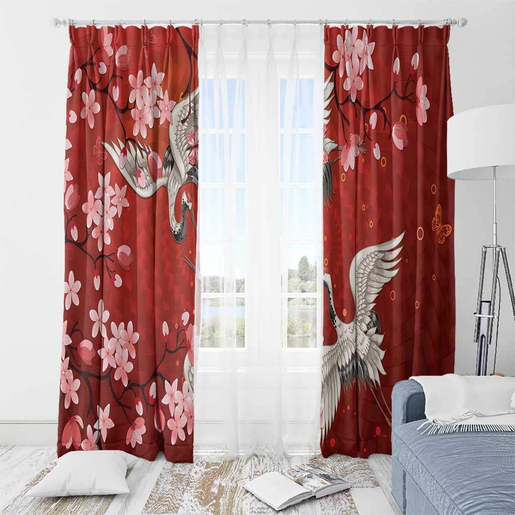 Hawaii Japan Cranes Sakura Flower Red Window Curtain Japan Heritage Spirit - Polynesian Pride