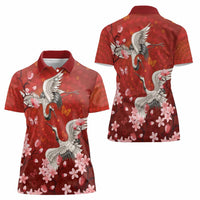 Hawaii Japan Cranes Sakura Flower Red Women Polo Shirt Japan Heritage Spirit - Polynesian Pride