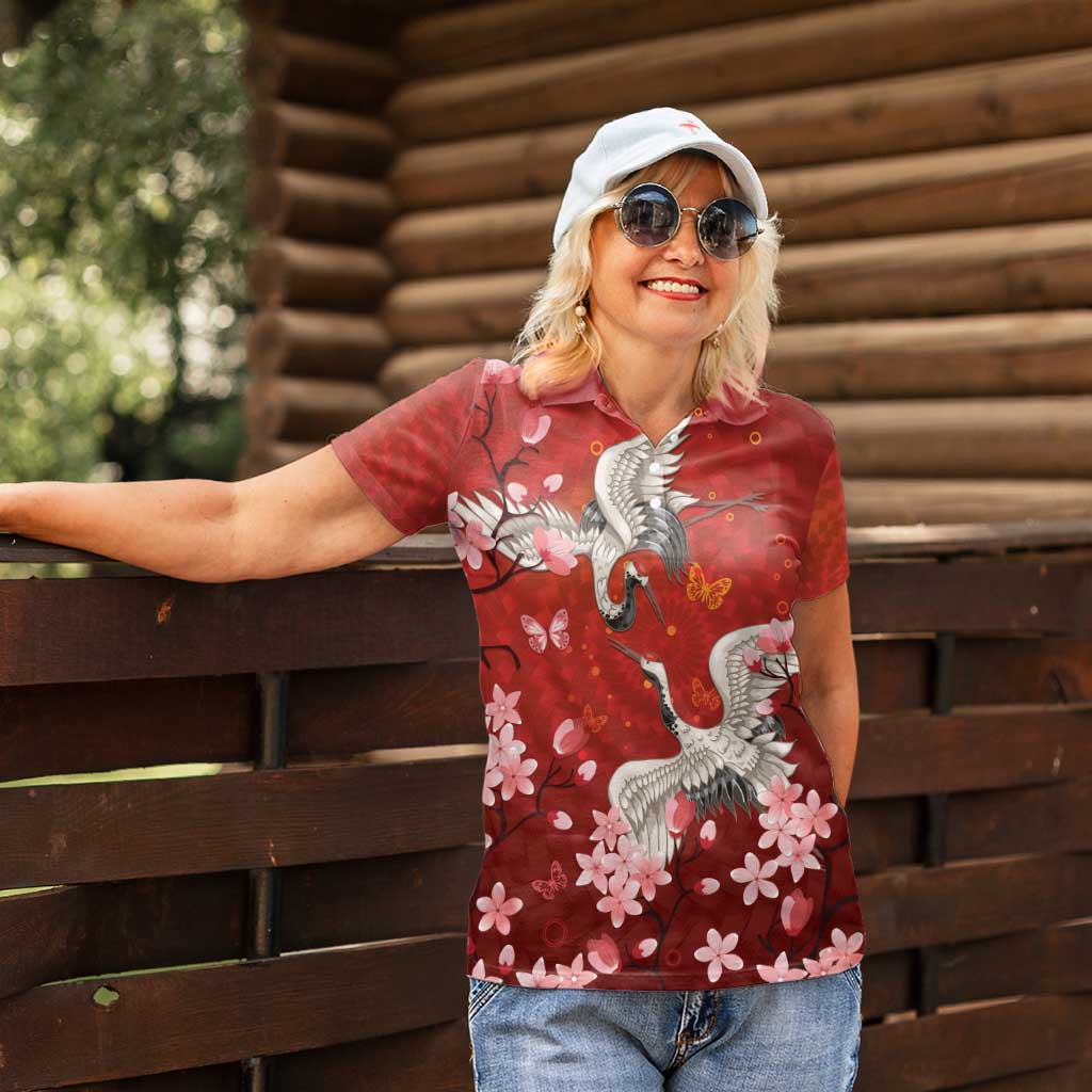 Hawaii Japan Cranes Sakura Flower Red Women Polo Shirt Japan Heritage Spirit - Polynesian Pride