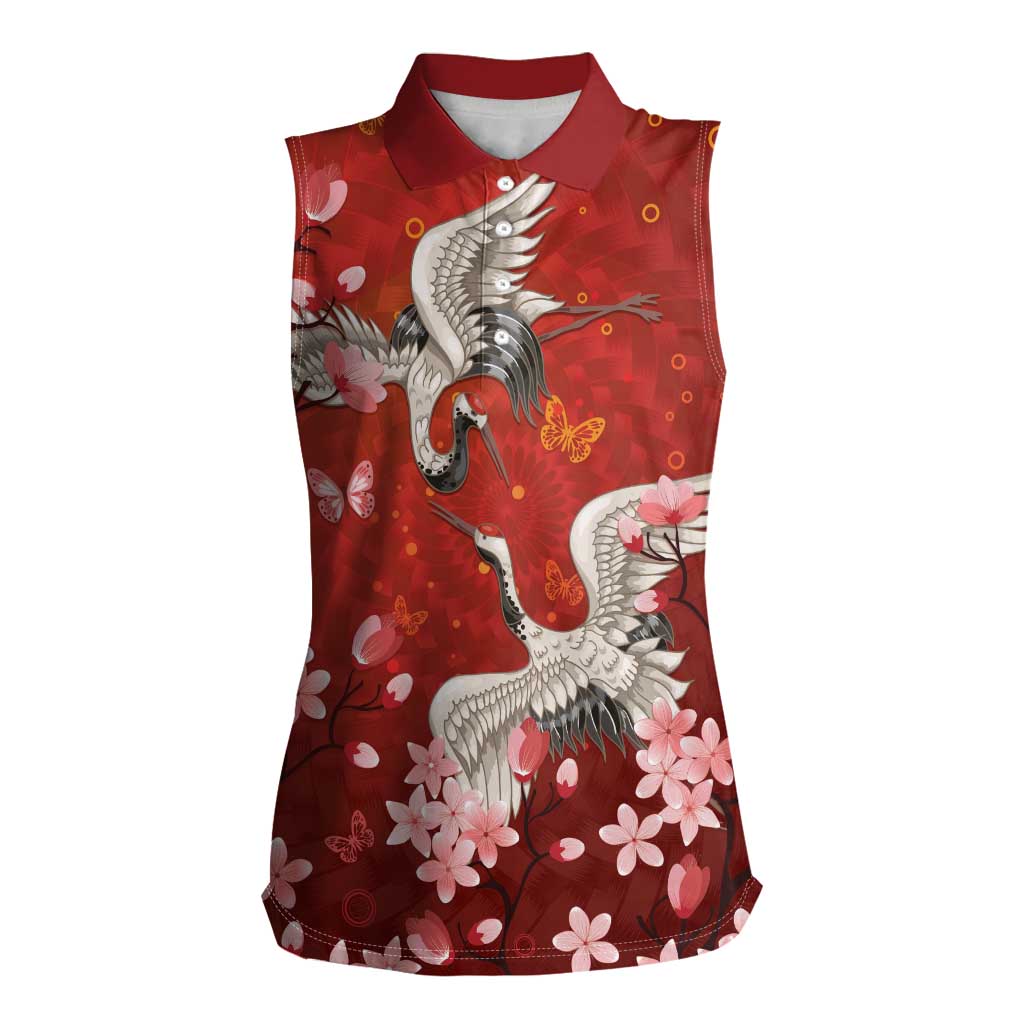 Hawaii Japan Cranes Sakura Flower Red Women Sleeveless Polo Shirt Japan Heritage Spirit - Polynesian Pride
