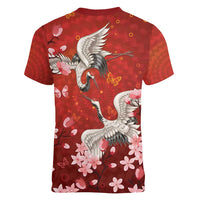 Hawaii Japan Cranes Sakura Flower Red Women V-Neck T-Shirt Japan Heritage Spirit - Polynesian Pride