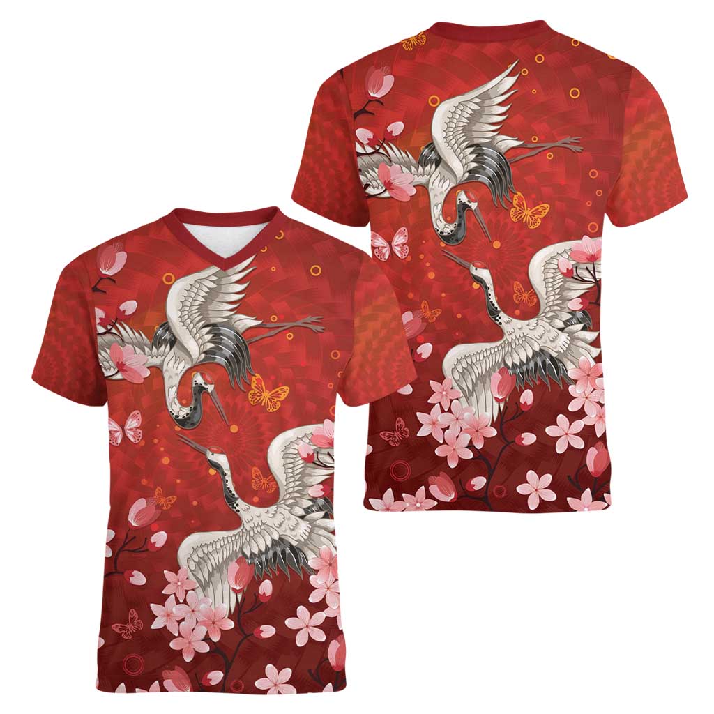 Hawaii Japan Cranes Sakura Flower Red Women V-Neck T-Shirt Japan Heritage Spirit - Polynesian Pride