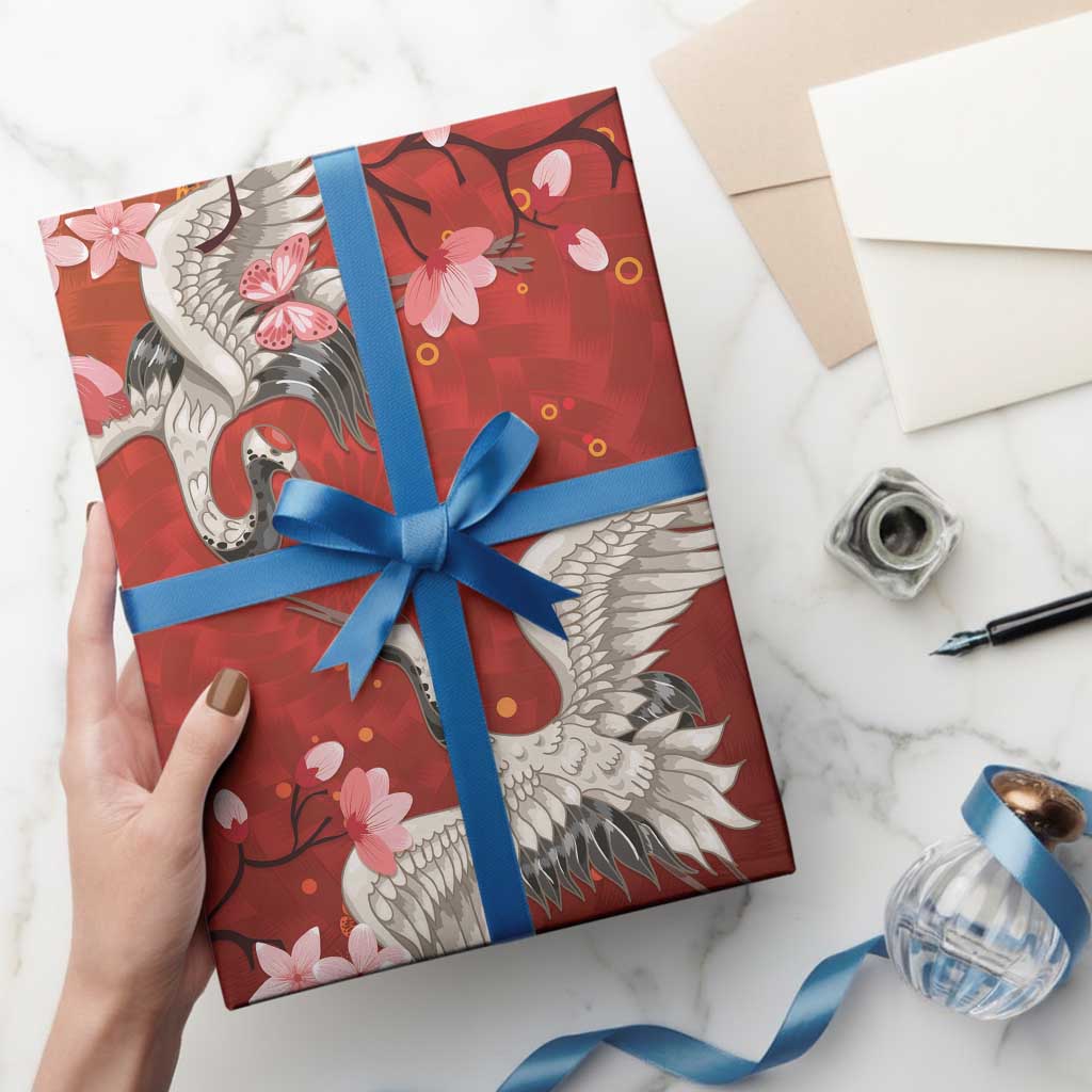 Hawaii Japan Cranes Sakura Flower Red Wrapping Paper Japan Heritage Spirit