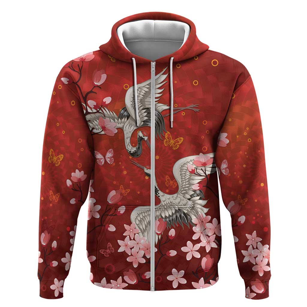 Hawaii Japan Cranes Sakura Flower Red Zip Hoodie Japan Heritage Spirit - Polynesian Pride