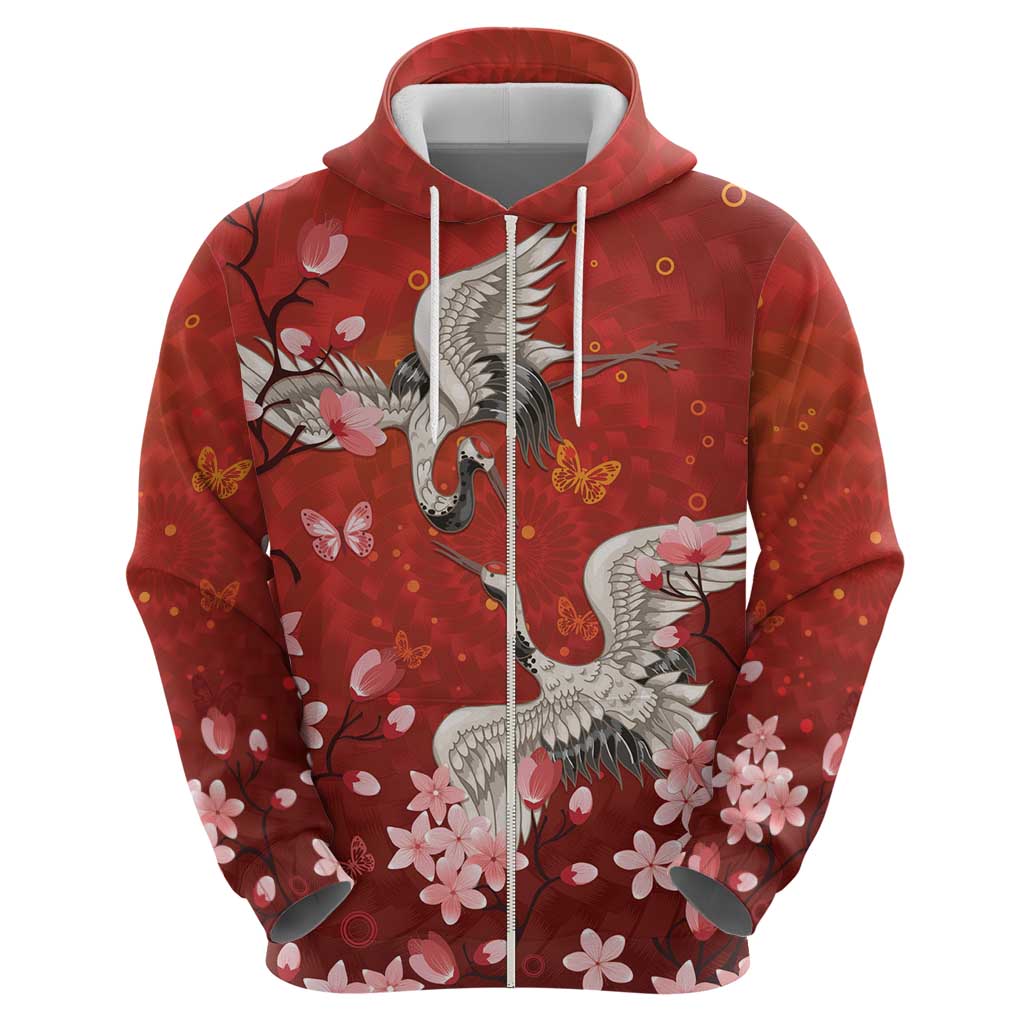 Hawaii Japan Cranes Sakura Flower Red Zip Hoodie Japan Heritage Spirit - Polynesian Pride