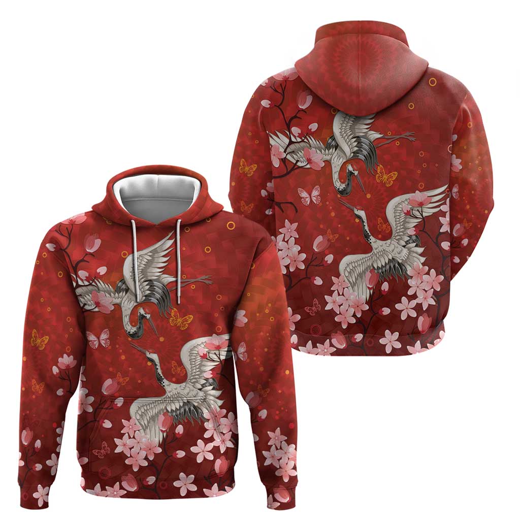 Hawaii Japan Cranes Sakura Flower Red Zip Hoodie Japan Heritage Spirit - Polynesian Pride
