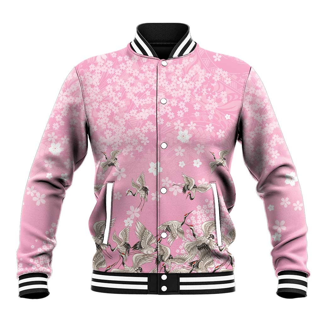Cranes Sakura Floral Pink Pastel Baseball Jacket Hawaii Japan Culture - Polynesian Pride