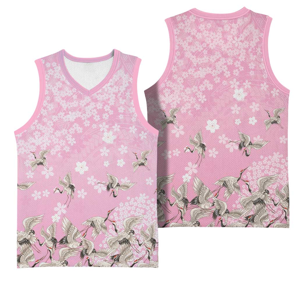 Cranes Sakura Floral Pink Pastel Basketball Jersey Hawaii Japan Culture - Polynesian Pride