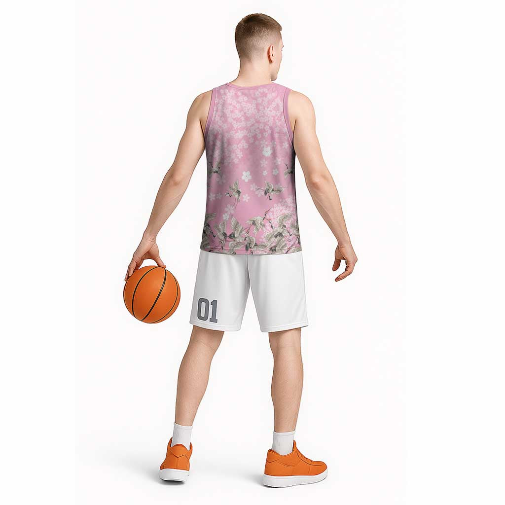 Cranes Sakura Floral Pink Pastel Basketball Jersey Hawaii Japan Culture - Polynesian Pride