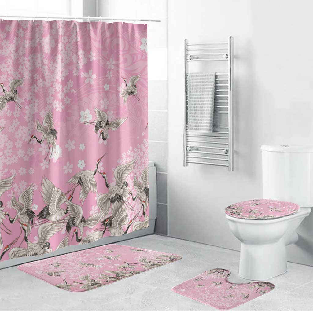 Cranes Sakura Floral Pink Pastel Bathroom Set Hawaii Japan Culture - Polynesian Pride