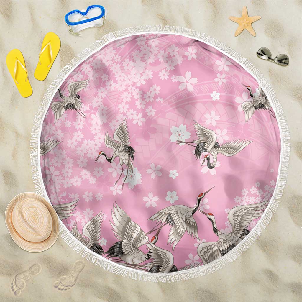 Cranes Sakura Floral Pink Pastel Beach Blanket Hawaii Japan Culture - Polynesian Pride