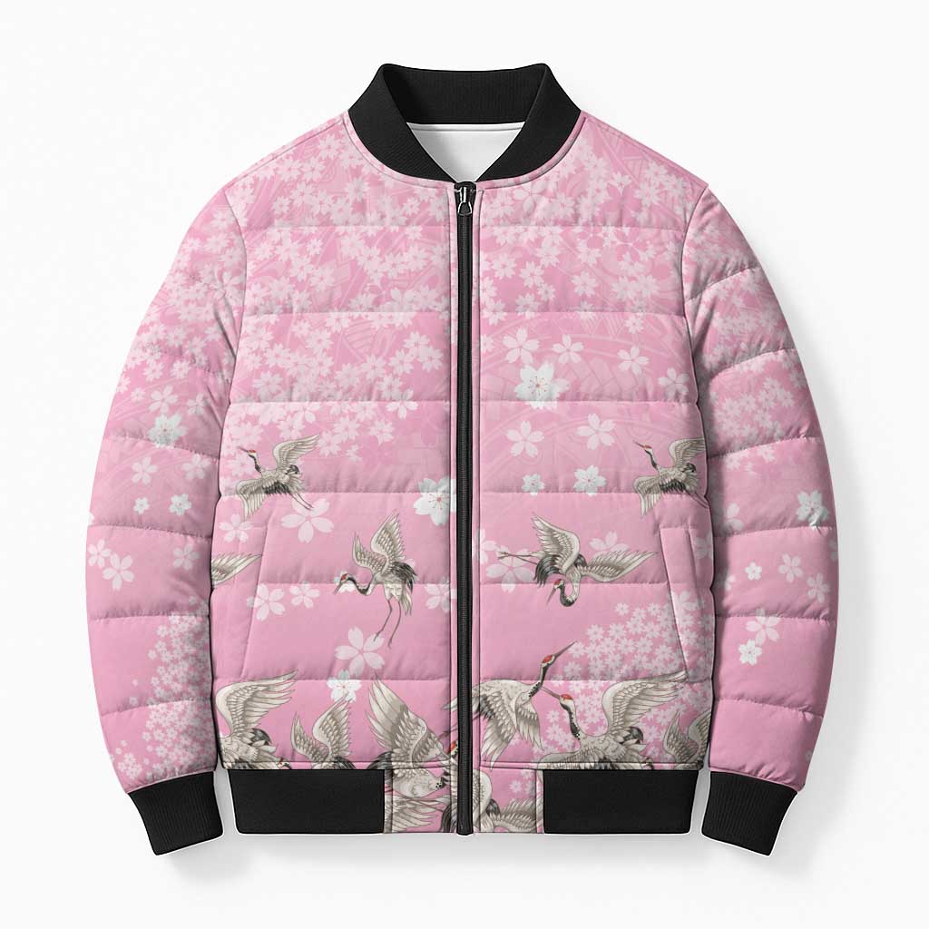 Cranes Sakura Floral Pink Pastel Bomber Puffer Jacket Hawaii Japan Culture - Polynesian Pride