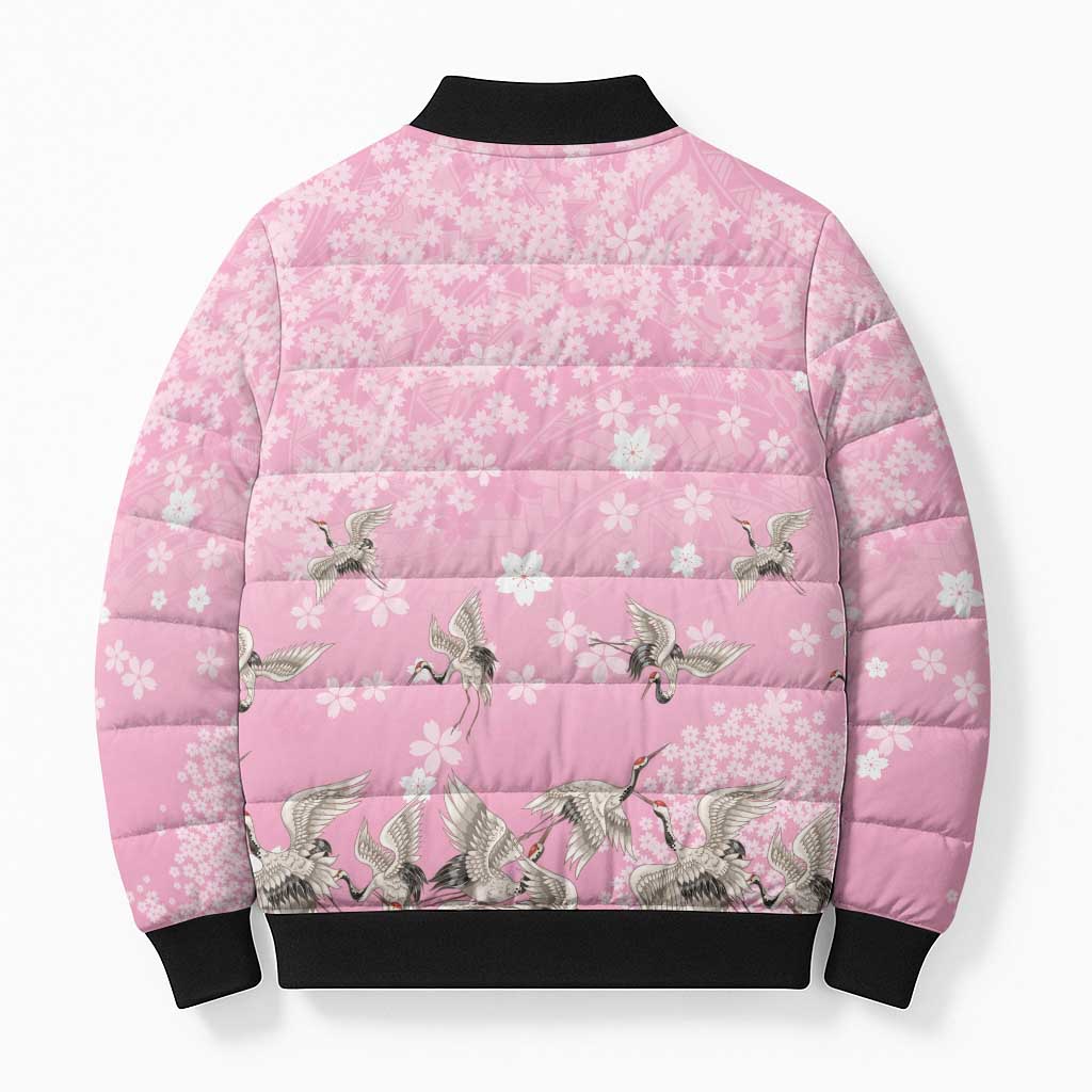 Cranes Sakura Floral Pink Pastel Bomber Puffer Jacket Hawaii Japan Culture - Polynesian Pride