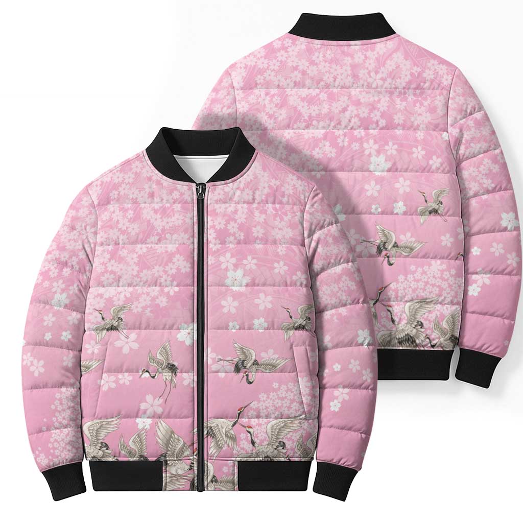 Cranes Sakura Floral Pink Pastel Bomber Puffer Jacket Hawaii Japan Culture - Polynesian Pride