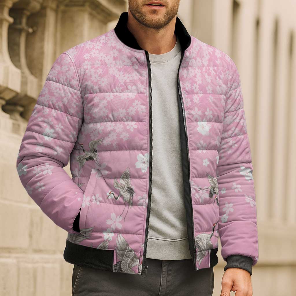 Cranes Sakura Floral Pink Pastel Bomber Puffer Jacket Hawaii Japan Culture - Polynesian Pride