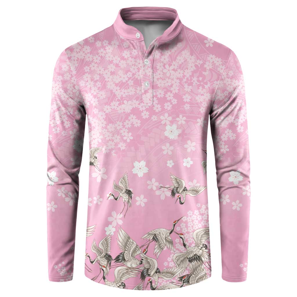 Cranes Sakura Floral Pink Pastel Button Sweatshirt Hawaii Japan Culture - Polynesian Pride
