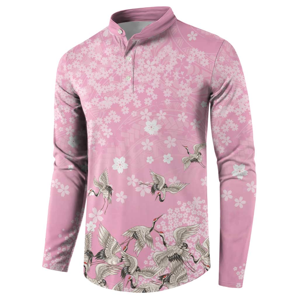 Cranes Sakura Floral Pink Pastel Button Sweatshirt Hawaii Japan Culture - Polynesian Pride