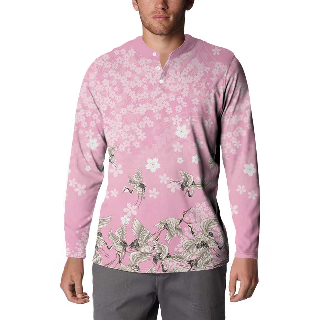 Cranes Sakura Floral Pink Pastel Button Sweatshirt Hawaii Japan Culture - Polynesian Pride