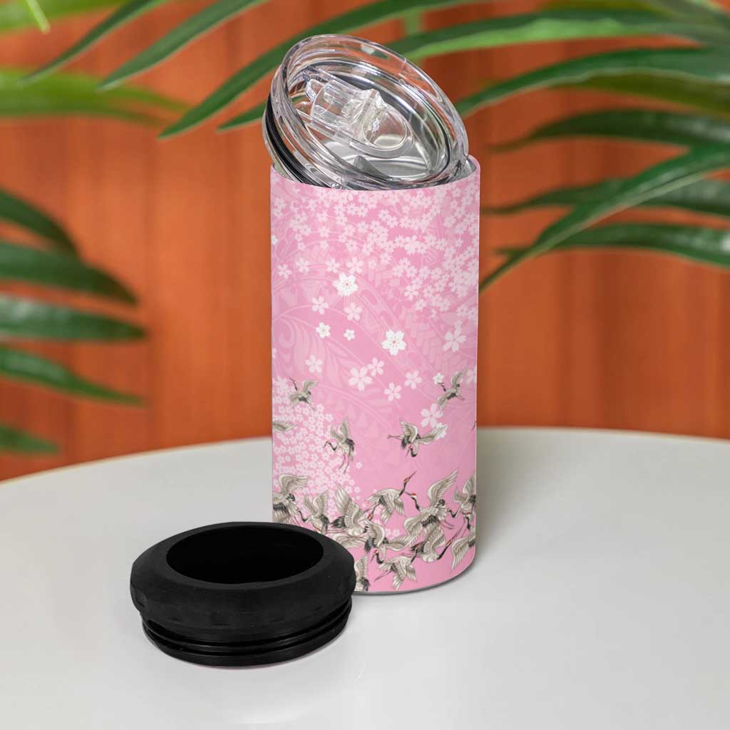 Cranes Sakura Floral Pink Pastel 4 in 1 Can Cooler Tumbler Hawaii Japan Culture - Polynesian Pride