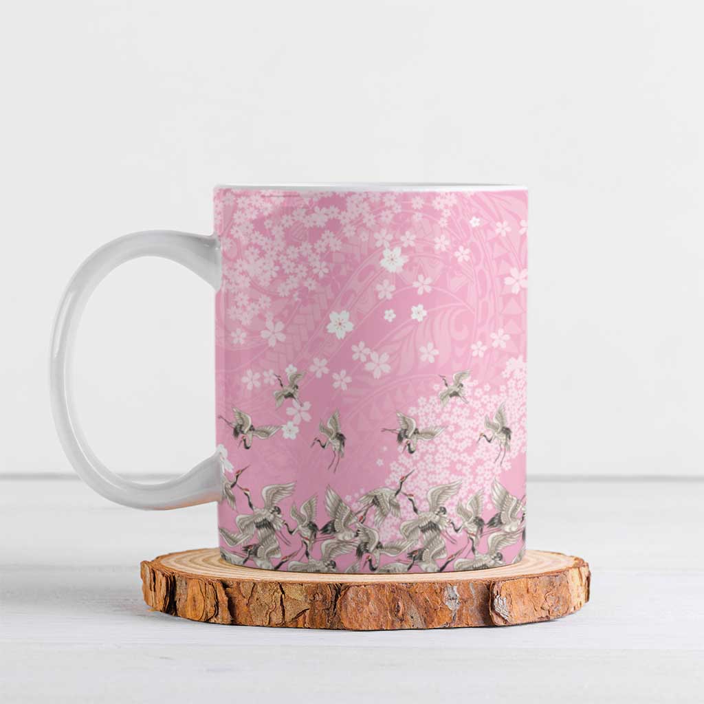 Cranes Sakura Floral Pink Pastel Ceramic Mug Hawaii Japan Culture - Polynesian Pride