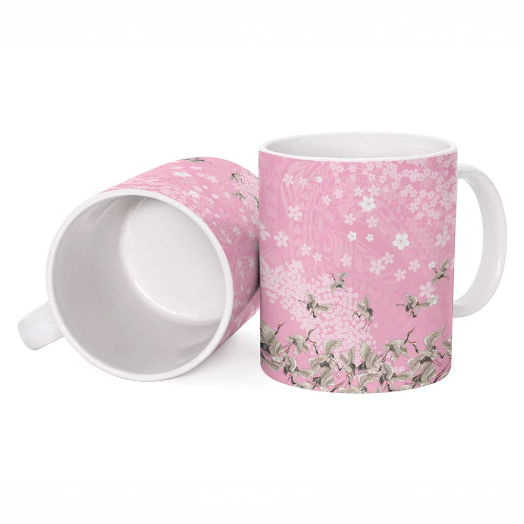 Cranes Sakura Floral Pink Pastel Ceramic Mug Hawaii Japan Culture - Polynesian Pride