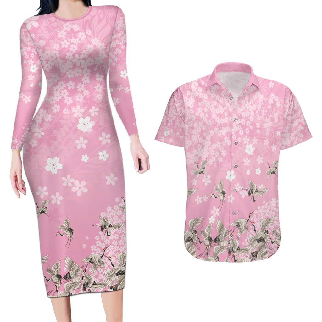 Cranes Sakura Floral Pink Pastel Couples Matching Long Sleeve Bodycon Dress and Hawaiian Shirt Hawaii Japan Culture - Polynesian Pride