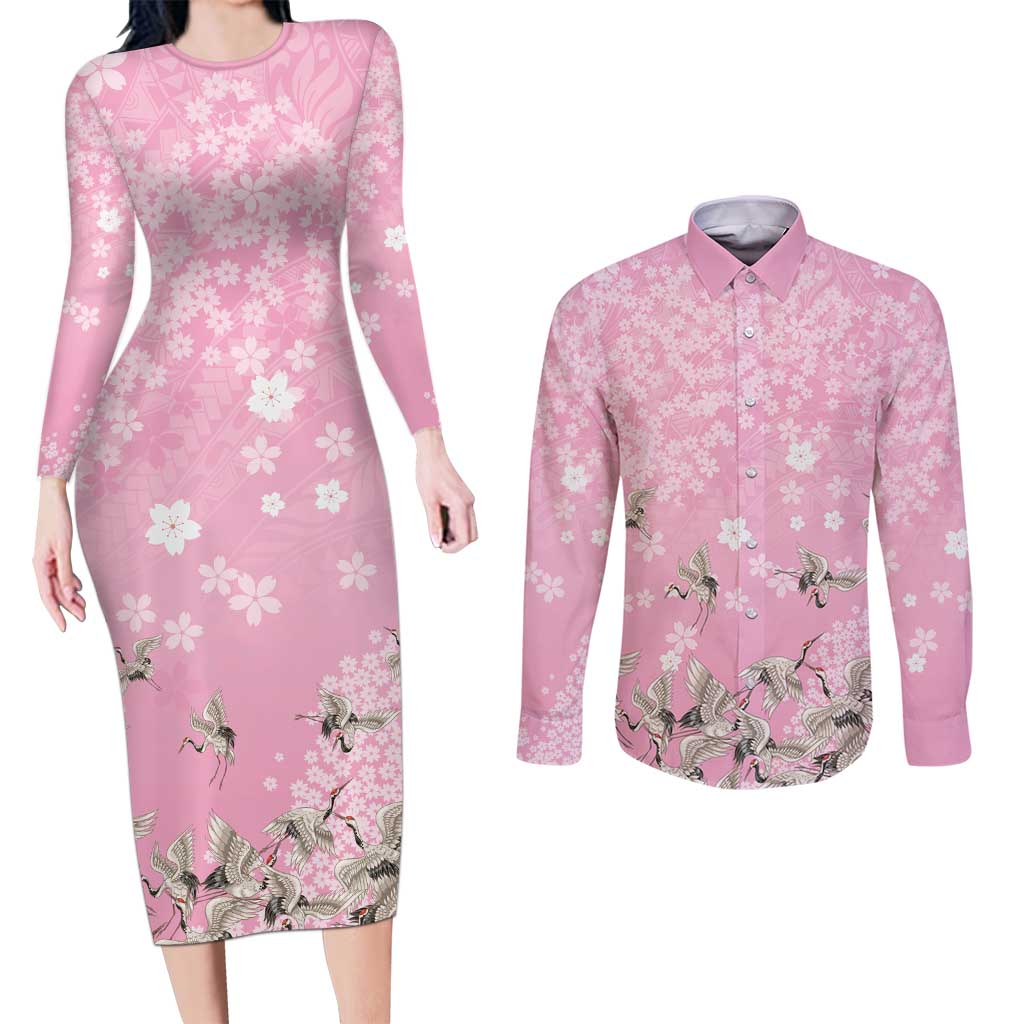 Cranes Sakura Floral Pink Pastel Couples Matching Long Sleeve Bodycon Dress and Long Sleeve Button Shirt Hawaii Japan Culture - Polynesian Pride