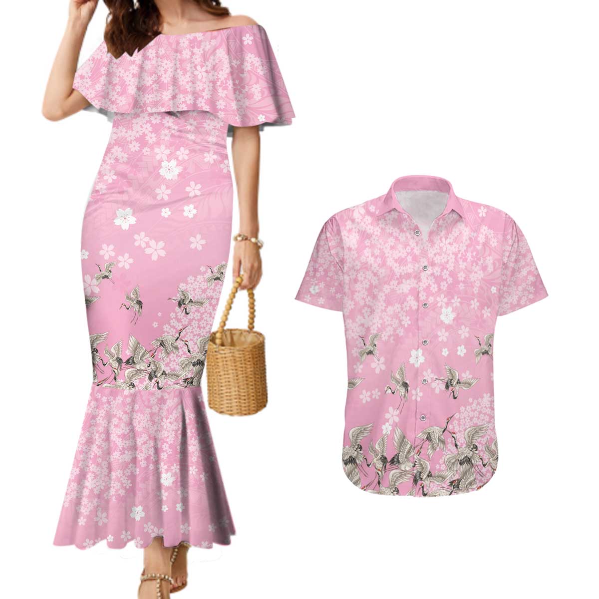 Cranes Sakura Floral Pink Pastel Couples Matching Mermaid Dress and Hawaiian Shirt Hawaii Japan Culture - Polynesian Pride