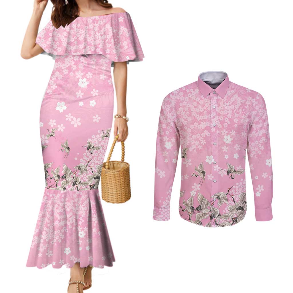 Cranes Sakura Floral Pink Pastel Couples Matching Mermaid Dress and Long Sleeve Button Shirt Hawaii Japan Culture - Polynesian Pride