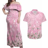 Cranes Sakura Floral Pink Pastel Couples Matching Off Shoulder Maxi Dress and Hawaiian Shirt Hawaii Japan Culture - Polynesian Pride