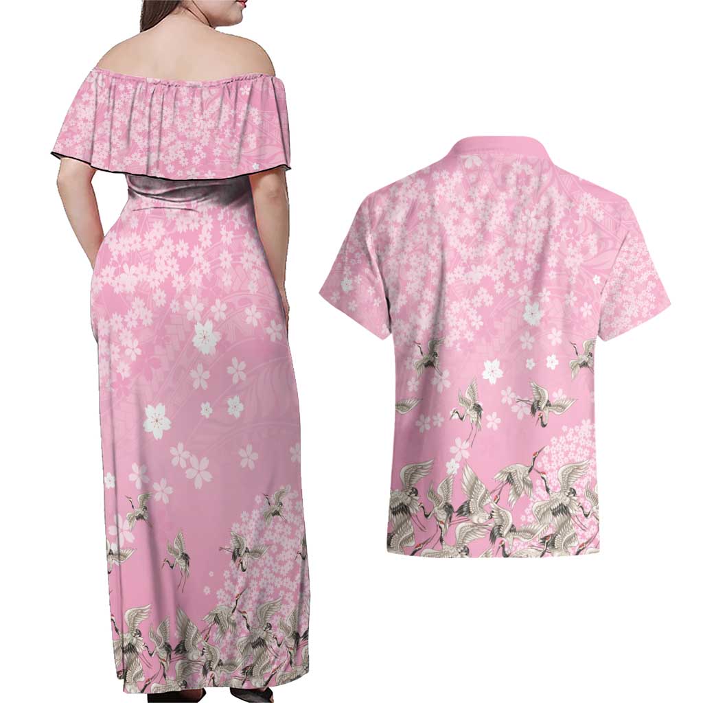 Cranes Sakura Floral Pink Pastel Couples Matching Off Shoulder Maxi Dress and Hawaiian Shirt Hawaii Japan Culture - Polynesian Pride