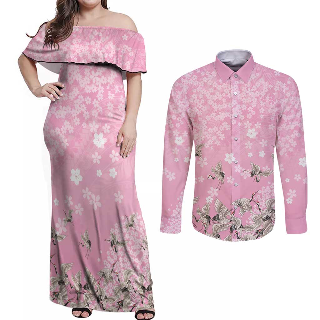Cranes Sakura Floral Pink Pastel Couples Matching Off Shoulder Maxi Dress and Long Sleeve Button Shirt Hawaii Japan Culture - Polynesian Pride