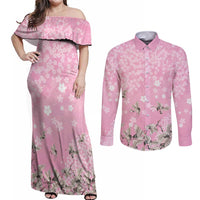 Cranes Sakura Floral Pink Pastel Couples Matching Off Shoulder Maxi Dress and Long Sleeve Button Shirt Hawaii Japan Culture - Polynesian Pride