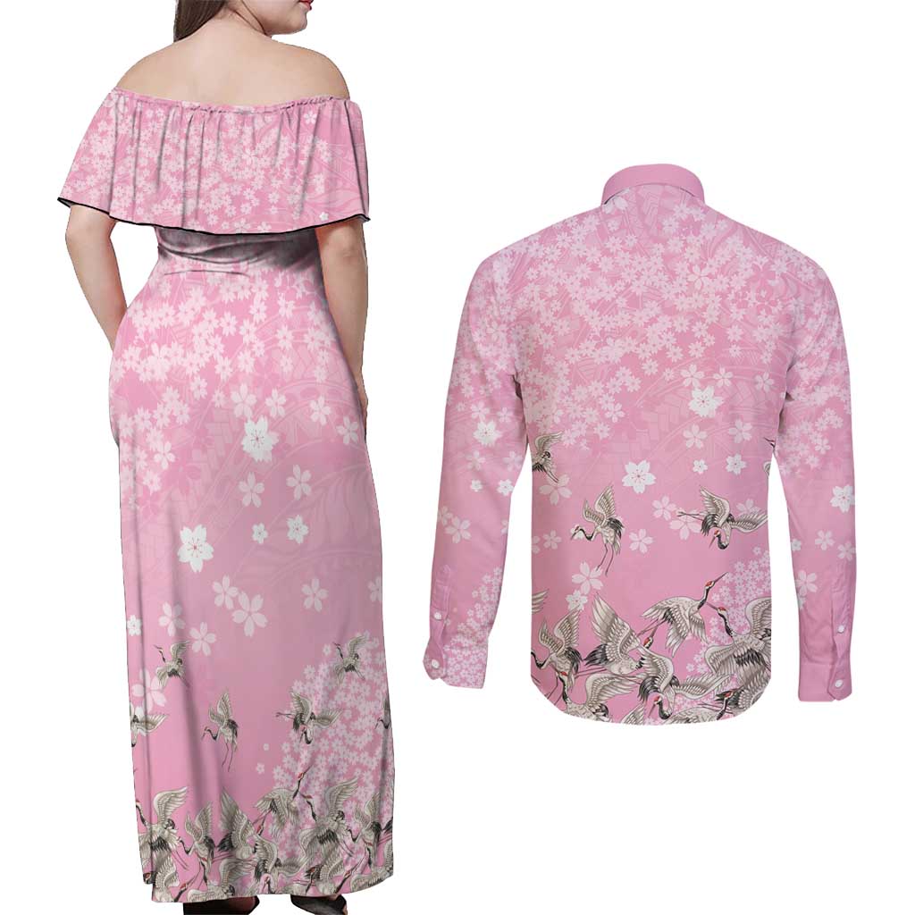 Cranes Sakura Floral Pink Pastel Couples Matching Off Shoulder Maxi Dress and Long Sleeve Button Shirt Hawaii Japan Culture - Polynesian Pride