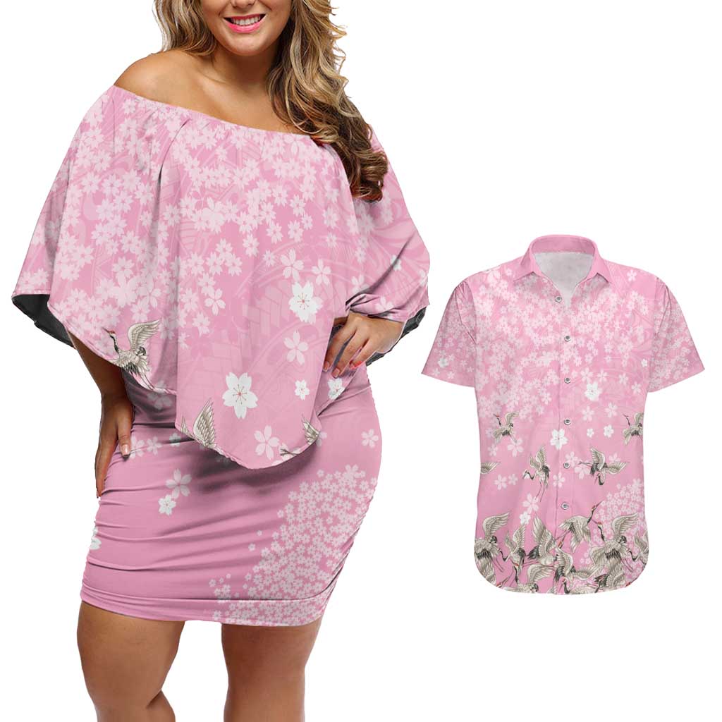 Cranes Sakura Floral Pink Pastel Couples Matching Off Shoulder Short Dress and Hawaiian Shirt Hawaii Japan Culture - Polynesian Pride