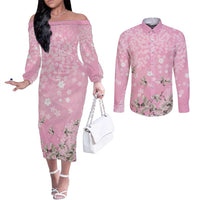 Cranes Sakura Floral Pink Pastel Couples Matching Off The Shoulder Long Sleeve Dress and Long Sleeve Button Shirt Hawaii Japan Culture - Polynesian Pride