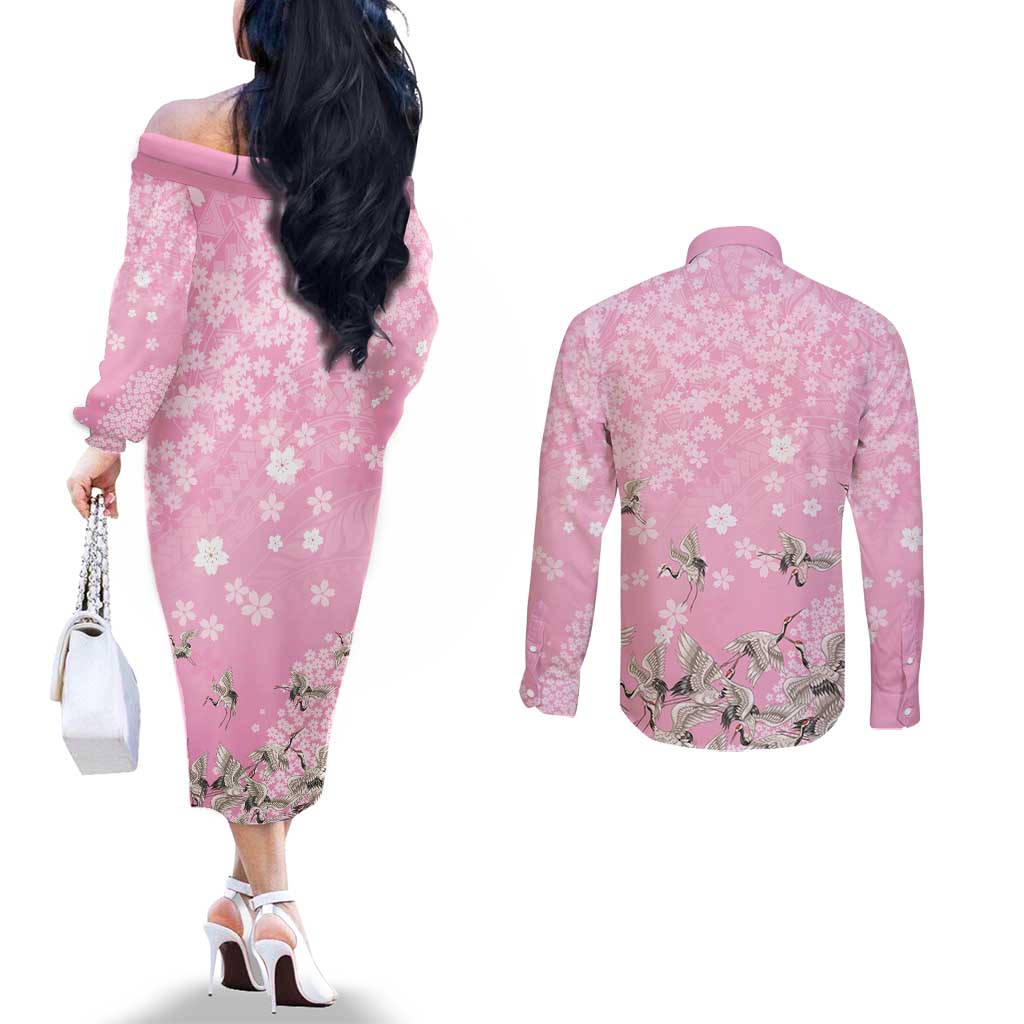 Cranes Sakura Floral Pink Pastel Couples Matching Off The Shoulder Long Sleeve Dress and Long Sleeve Button Shirt Hawaii Japan Culture - Polynesian Pride