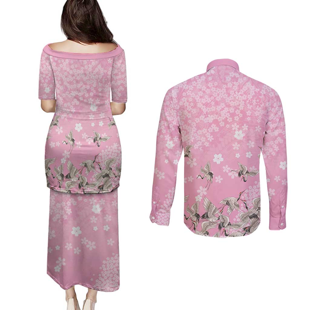 Cranes Sakura Floral Pink Pastel Couples Matching Puletasi and Long Sleeve Button Shirt Hawaii Japan Culture - Polynesian Pride