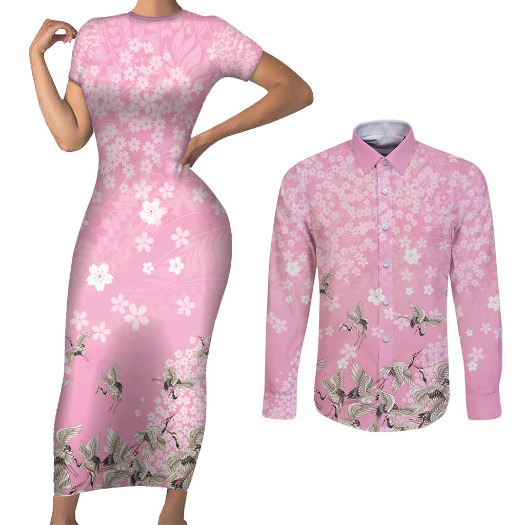 Cranes Sakura Floral Pink Pastel Couples Matching Short Sleeve Bodycon Dress and Long Sleeve Button Shirt Hawaii Japan Culture - Polynesian Pride