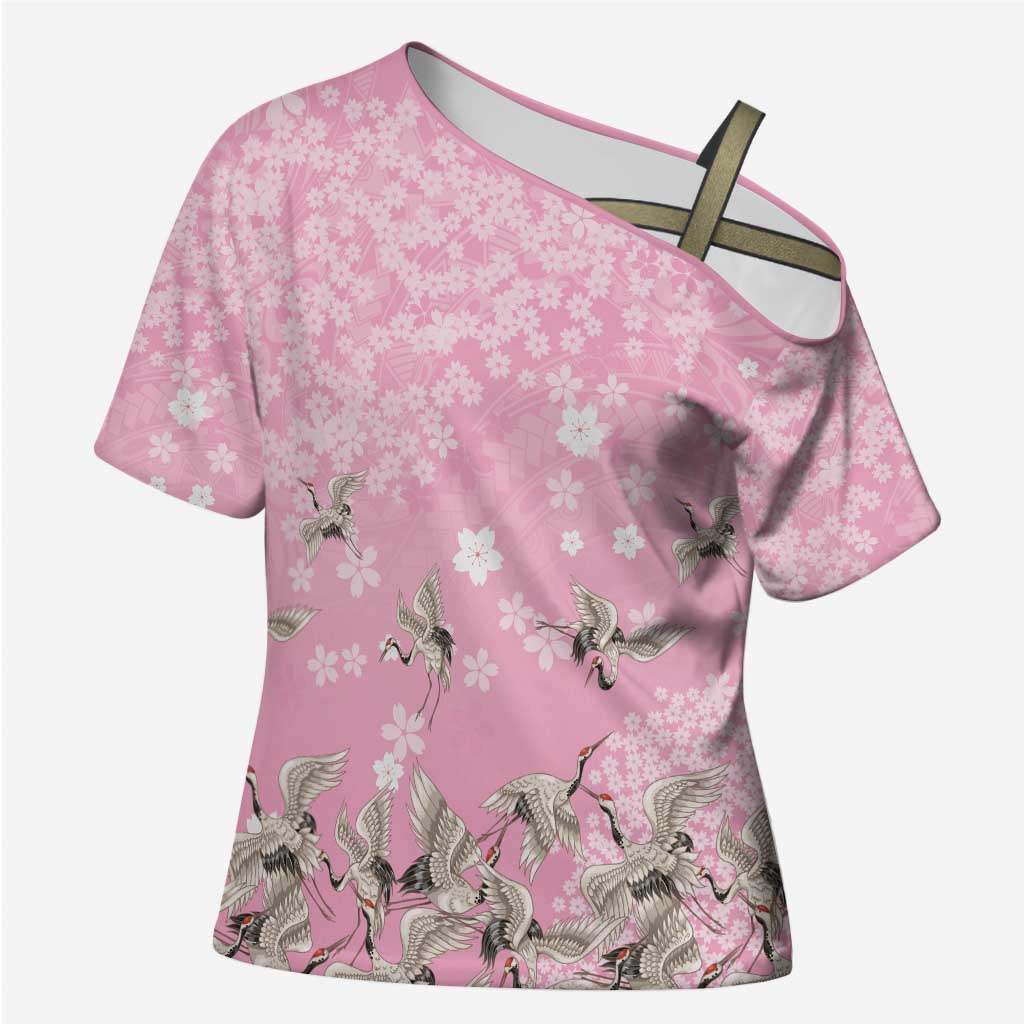 Cranes Sakura Floral Pink Pastel Cross Shoulder Shirt Hawaii Japan Culture - Polynesian Pride