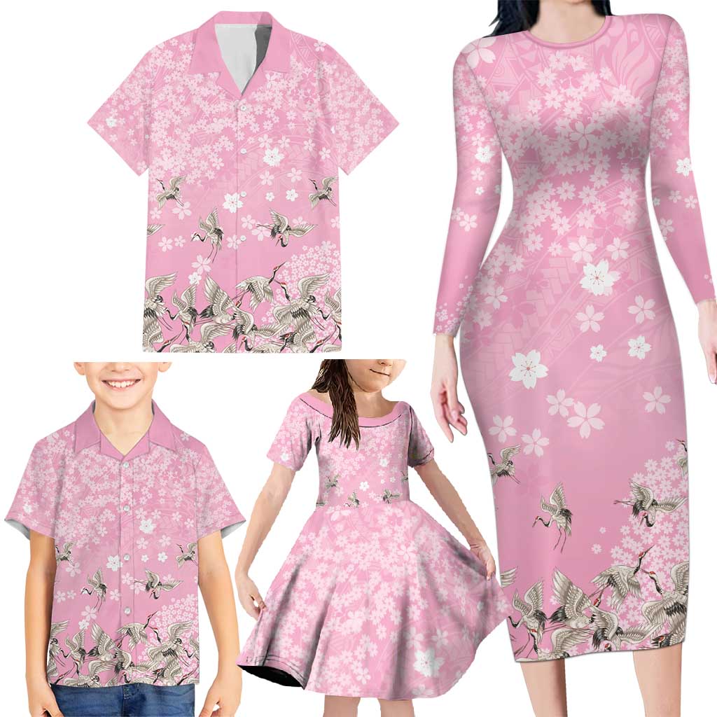 Cranes Sakura Floral Pink Pastel Family Matching Long Sleeve Bodycon Dress and Hawaiian Shirt Hawaii Japan Culture - Polynesian Pride