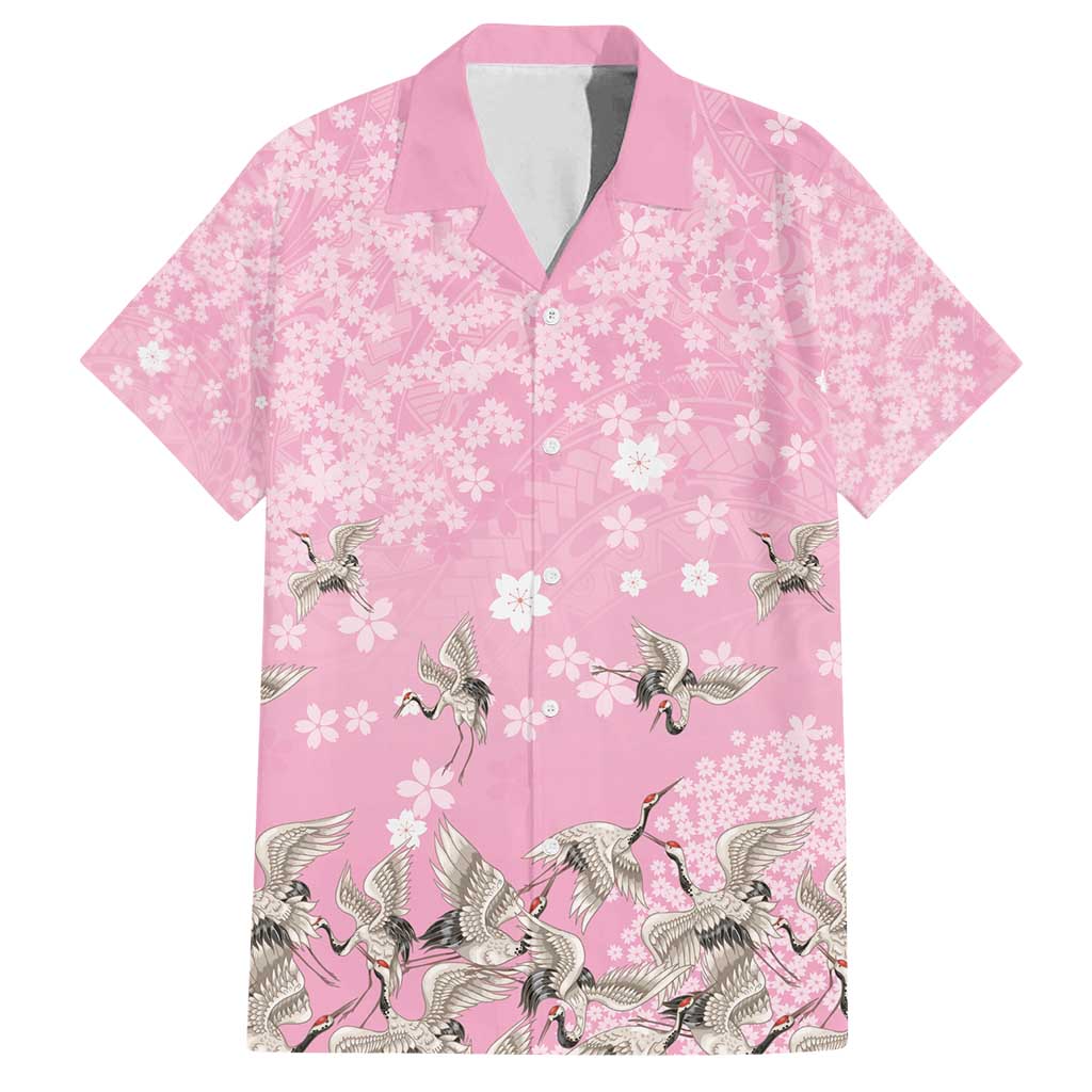 Cranes Sakura Floral Pink Pastel Family Matching Long Sleeve Bodycon Dress and Hawaiian Shirt Hawaii Japan Culture - Polynesian Pride