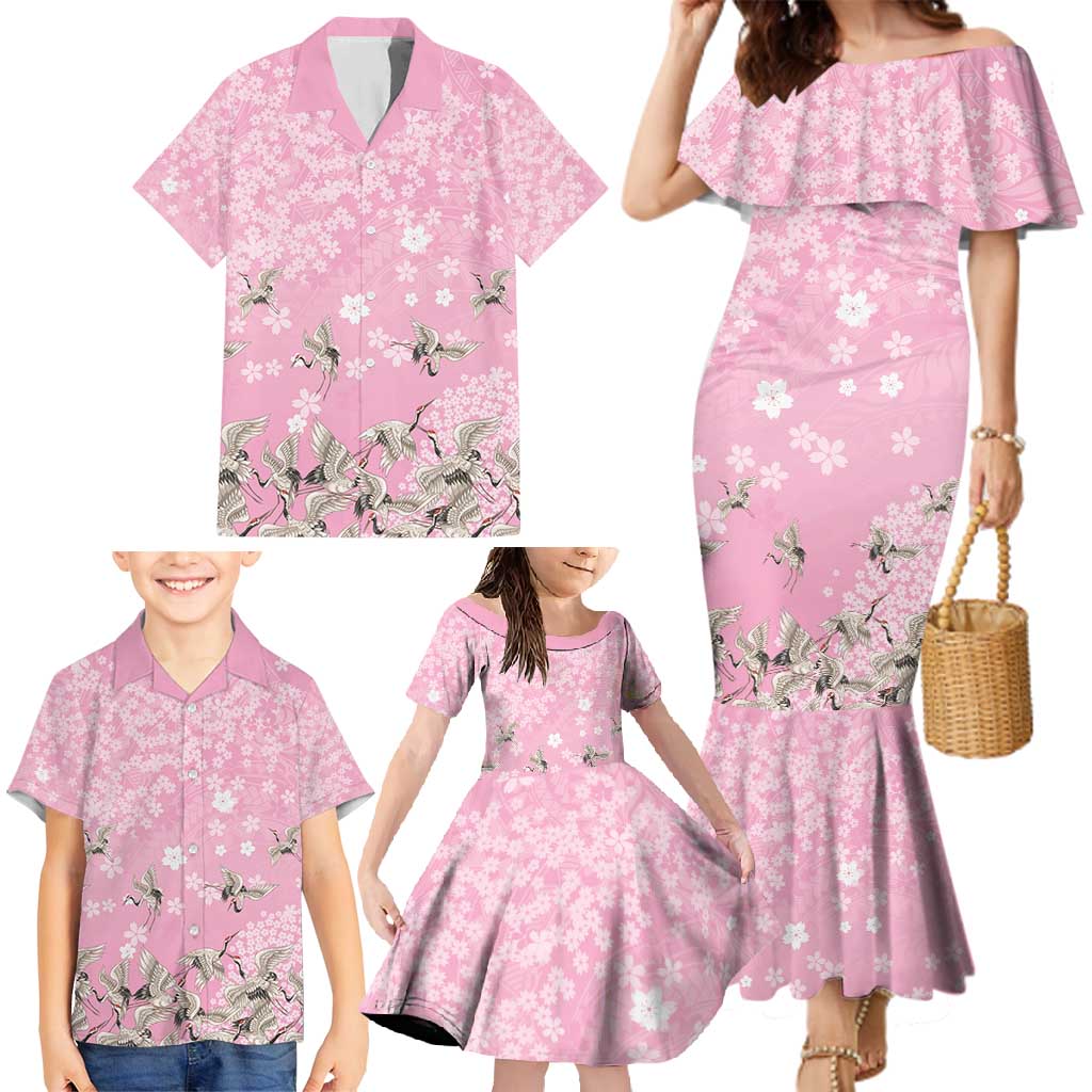 Cranes Sakura Floral Pink Pastel Family Matching Mermaid Dress and Hawaiian Shirt Hawaii Japan Culture - Polynesian Pride