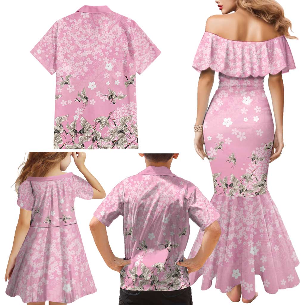 Cranes Sakura Floral Pink Pastel Family Matching Mermaid Dress and Hawaiian Shirt Hawaii Japan Culture - Polynesian Pride