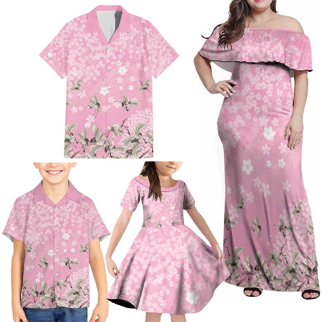 Cranes Sakura Floral Pink Pastel Family Matching Off Shoulder Maxi Dress and Hawaiian Shirt Hawaii Japan Culture - Polynesian Pride