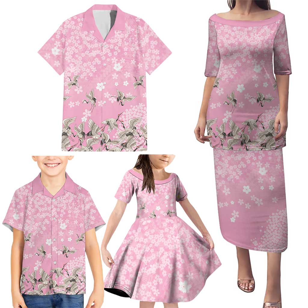 Cranes Sakura Floral Pink Pastel Family Matching Puletasi and Hawaiian Shirt Hawaii Japan Culture LT01 - Polynesian Pride
