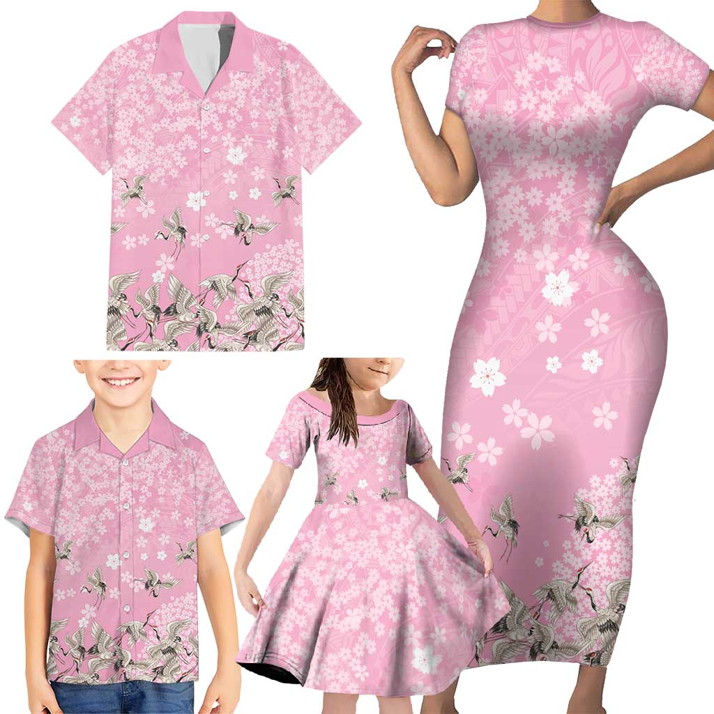 Cranes Sakura Floral Pink Pastel Family Matching Short Sleeve Bodycon Dress and Hawaiian Shirt Hawaii Japan Culture - Polynesian Pride