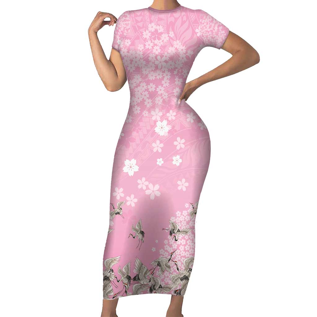 Cranes Sakura Floral Pink Pastel Family Matching Short Sleeve Bodycon Dress and Hawaiian Shirt Hawaii Japan Culture - Polynesian Pride