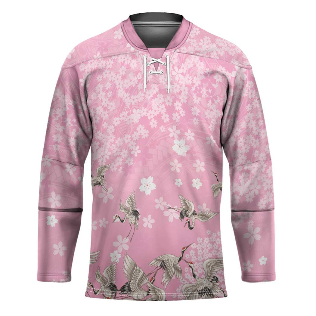 Cranes Sakura Floral Pink Pastel Hockey Jersey Hawaii Japan Culture - Polynesian Pride